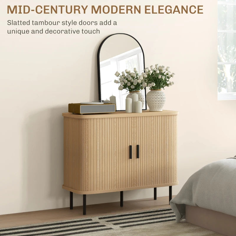 Mid-Century Modern Sideboard Storage Cabinet with Sliding Doors and Steel Legs in Oak Tone