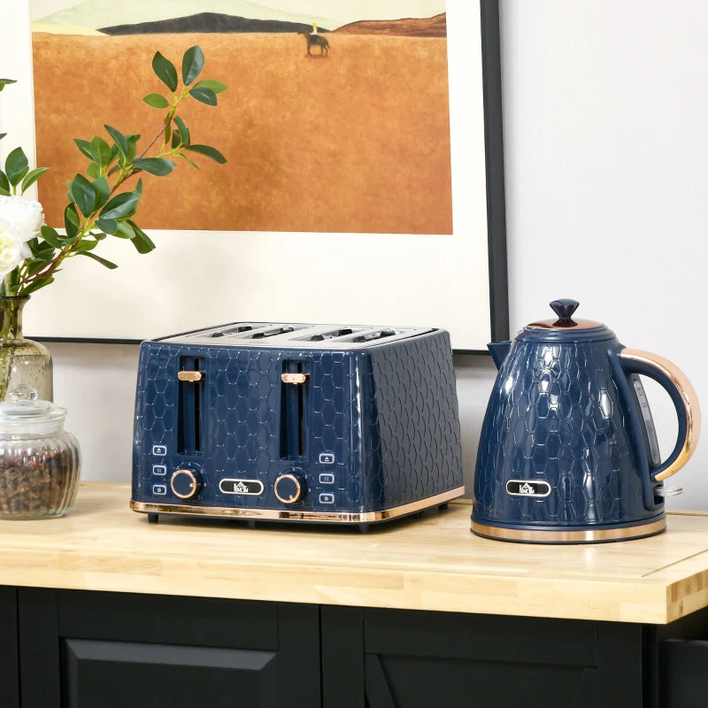 Blue Kettle and Toaster Set - 1.7L Fast Boil Jug Kettle & 4 Slice Toaster with 7 Browning Levels, UK Thermostat