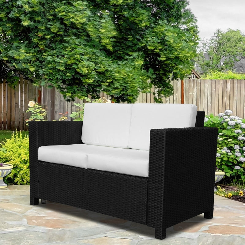 Black Rattan 2 Seater Garden Sofa with Soft Padded Cushions and Armrests - Wicker Loveseat for Patio