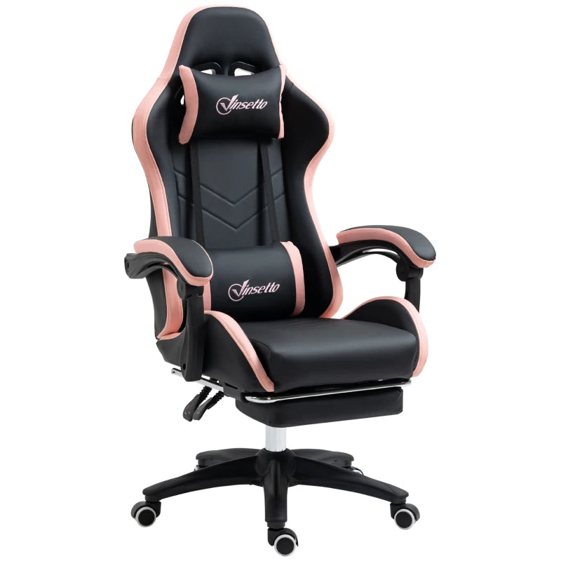 Vinsetto Gaming Chair with Footrest - PU Leather Office Desk Chair, 135° Recline, Lumbar Support, Headrest, Black & Pink