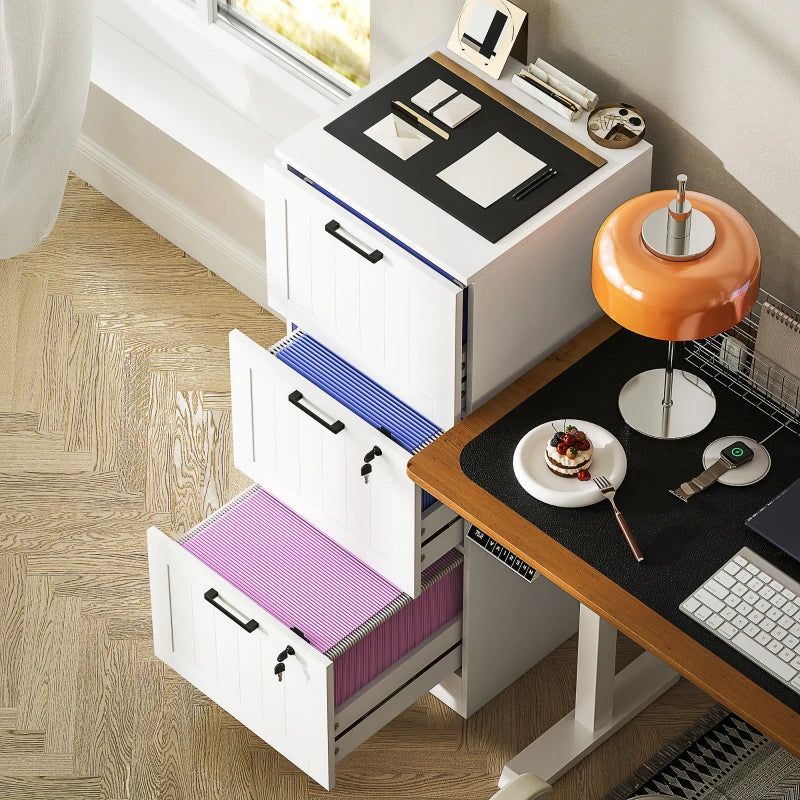 Secure 3 Drawer Filing Cabinet with Lock - Adjustable Hanging Bars for A4 Files - Stylish White Office Storage Solution