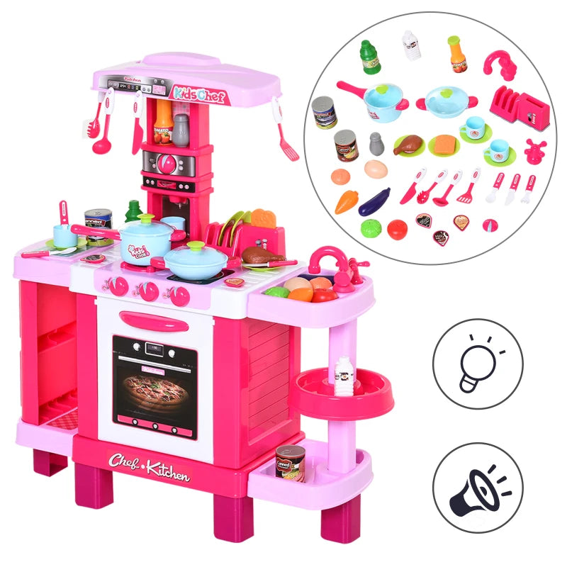38-Piece Kids Kitchen Play Set with Realistic Sounds & Lights - Food, Utensils, Pots, Pans & Appliances - Pink Toy Game