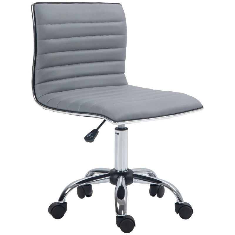 Light Grey Armless Task Desk Chair - Swivel Faux Leather Office Chair with Adjustable Height & Chrome Base for Home