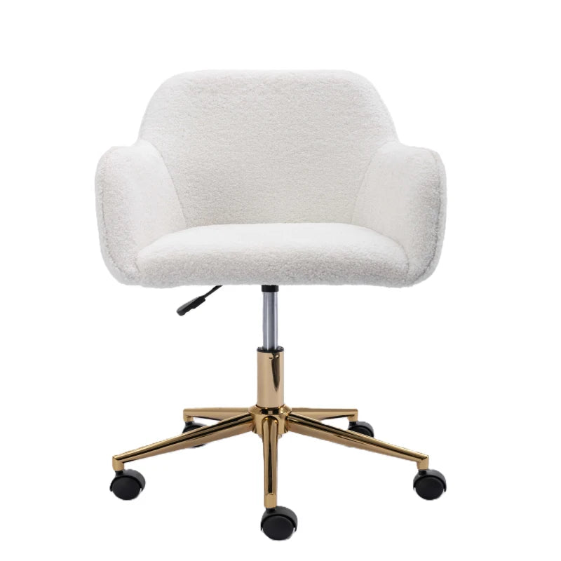 Adjustable Height Swivel Executive Office Chair with Gold Legs, Ergonomic Backrest, White Teddy Fabric, 58x58x86 cm