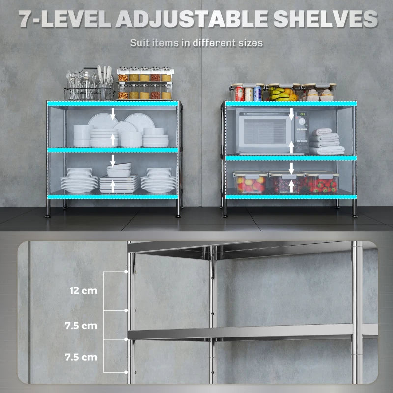 3-Tier Stainless Steel Bakers Rack with Adjustable Shelves - Kitchen Storage Unit for Spices, Pots & Pans - Silver Tone