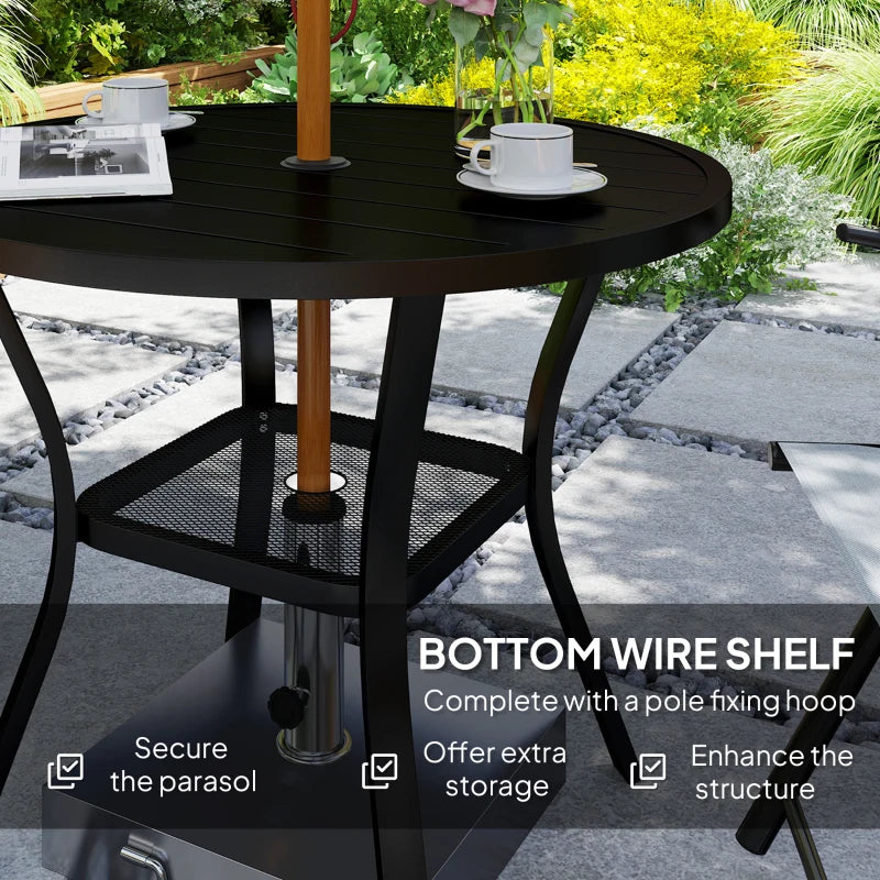 90 cm Round Black Garden Dining Table with 4-5 cm Parasol Hole, Steel Slatted Top and Wire Shelf for Outdoor Balcony and Porch