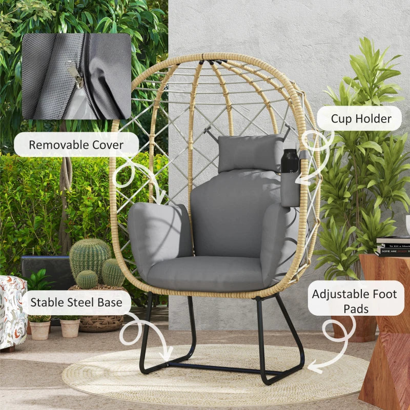 Grey Rattan Egg Chair - Outdoor Indoor Wicker Chair with Thick Cushion & Headrest