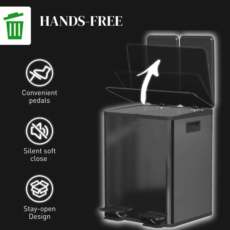 40L Dual Compartment Stainless Steel Trash Bin with Deodoriser Holders - Stylish Black Waste Management Solution