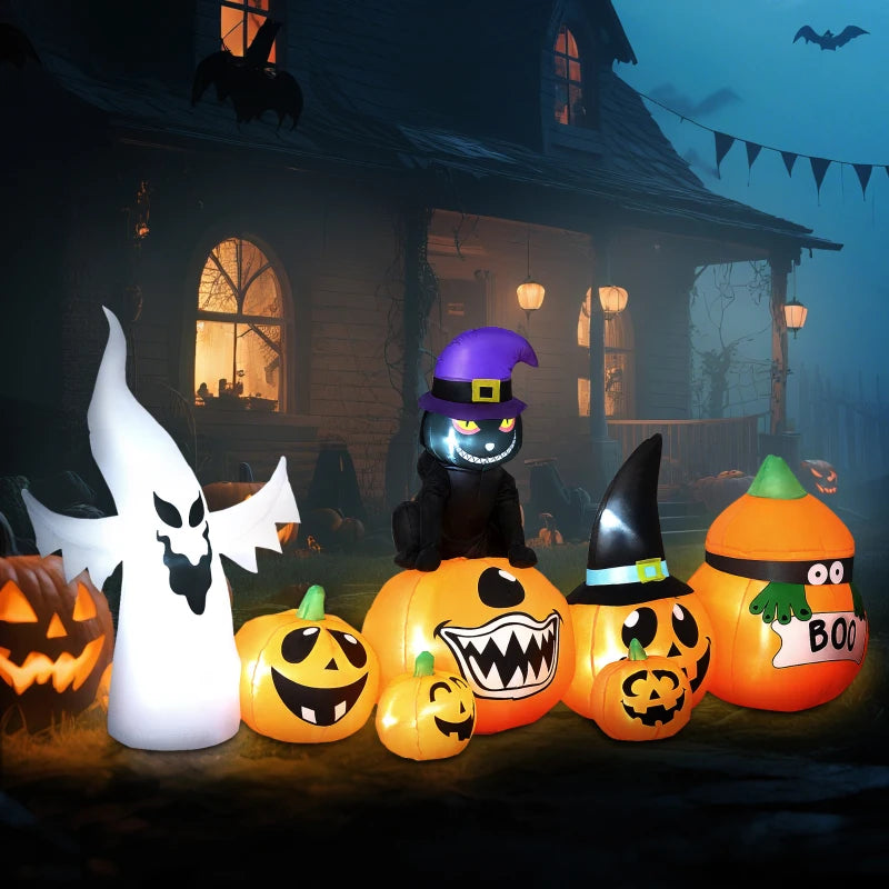 8FT Halloween Inflatables Combo - Pumpkin, Ghost & Cat with 9 LEDs - Self-Inflating Outdoor Decorations for Garden Party