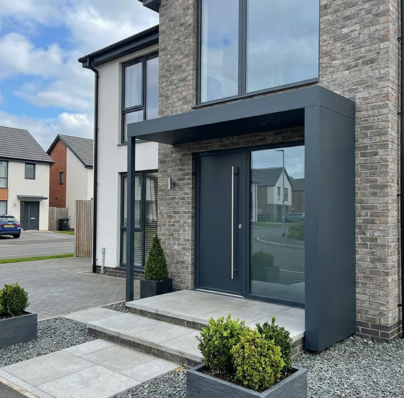 BS250PLUS (125cm projection) Aluminium Canopy with Post, Side Panel + LED light - 250x125cm - RAL 7016 Anthracite Grey