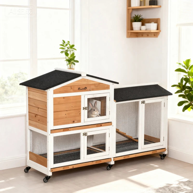 Outdoor Rabbit Hutch with Run - 2-Tier Guinea Pig Cage on Wheels, No-Leak Tray, 157.4x53x99.5 cm - Yellow