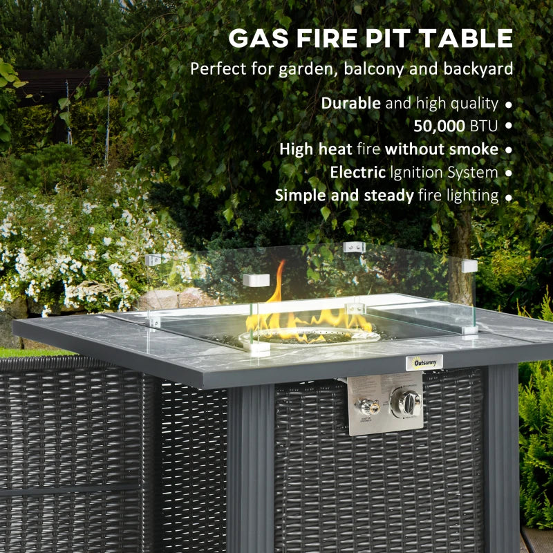 Black Rattan Gas Fire Pit Table with Marble Desktop and Glass Windscreen