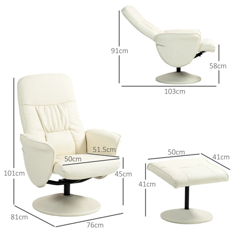 Cream White Swivel Recliner Chair with Footstool - PU Leather Armchair and Ottoman for Living Room
