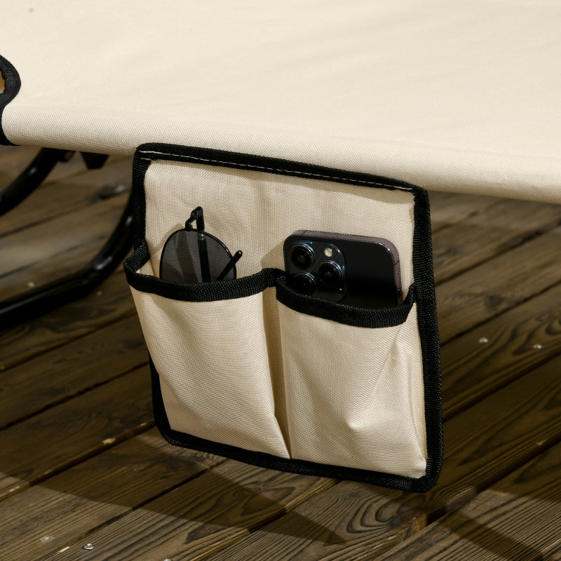 2 Piece Tan Brown Folding Sun Loungers with Canopy - Adjustable Recliner Garden Chairs with Side Pocket, Steel Frame and Breathable Mesh for Outdoor, Pool, Beach, Garden