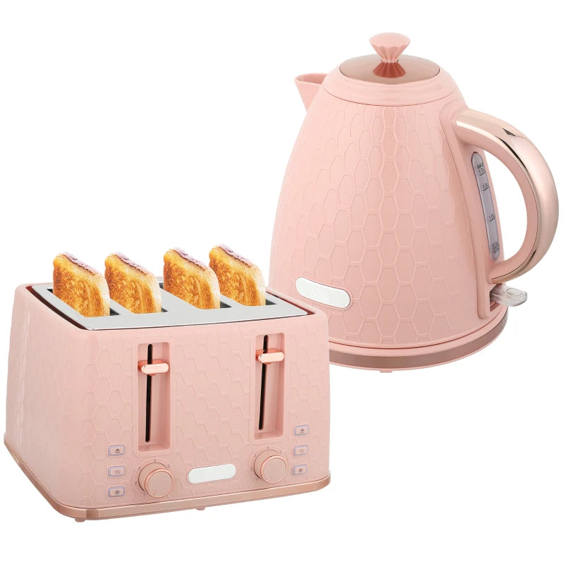 Light Pink Kettle and Toaster Set - 1.7L Fast Boil Jug Kettle & 4 Slice Toaster with 7 Browning Levels