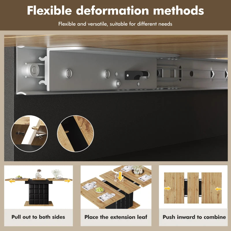 Telescopic Extendable Dining Table for 4-6, Foldable Kitchen Table with Checked Pattern, Black & Natural, 110-140L x 80W x 75H cm