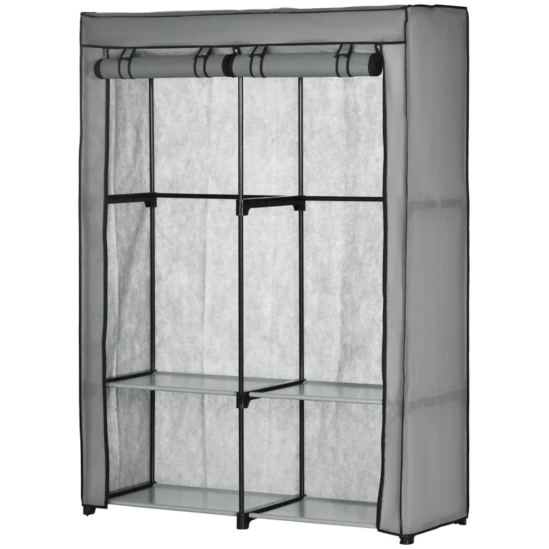 Light Grey Steel Frame Fabric Wardrobe with Rail and Shelves for Organized Storage