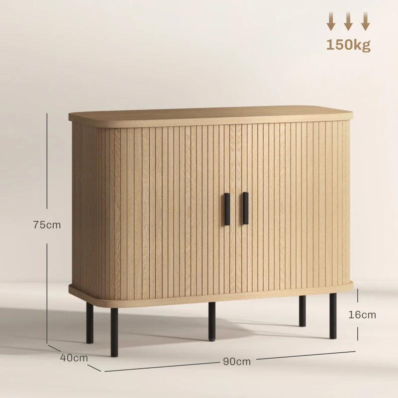 Mid-Century Modern Sideboard Storage Cabinet with Sliding Doors and Steel Legs in Oak Tone