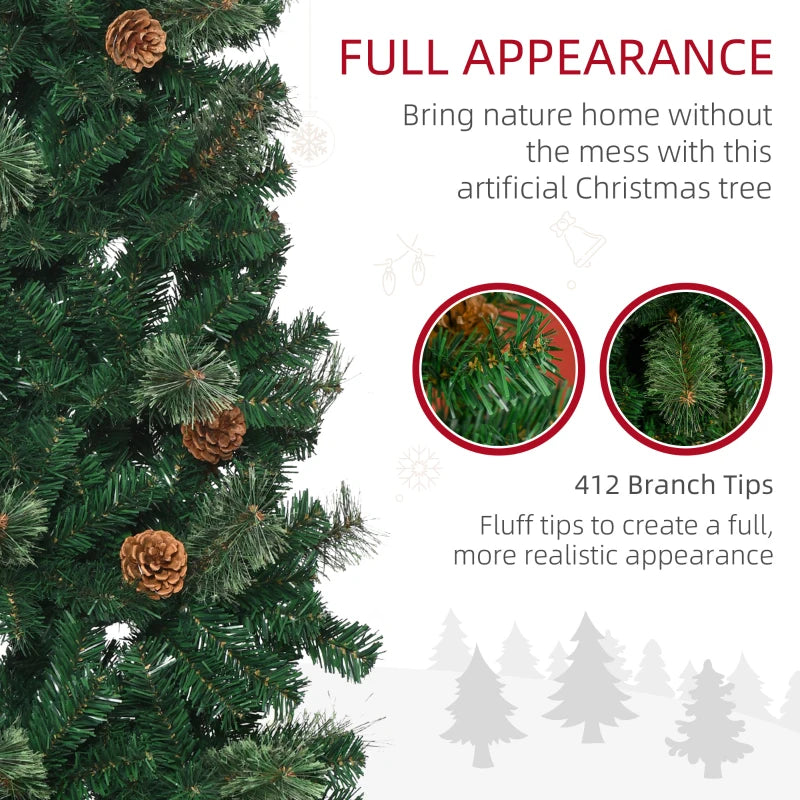 5.5FT Slim Pencil Artificial Christmas Tree with Realistic Branches, Pine Cones & Needles - Perfect Xmas Decoration, Green