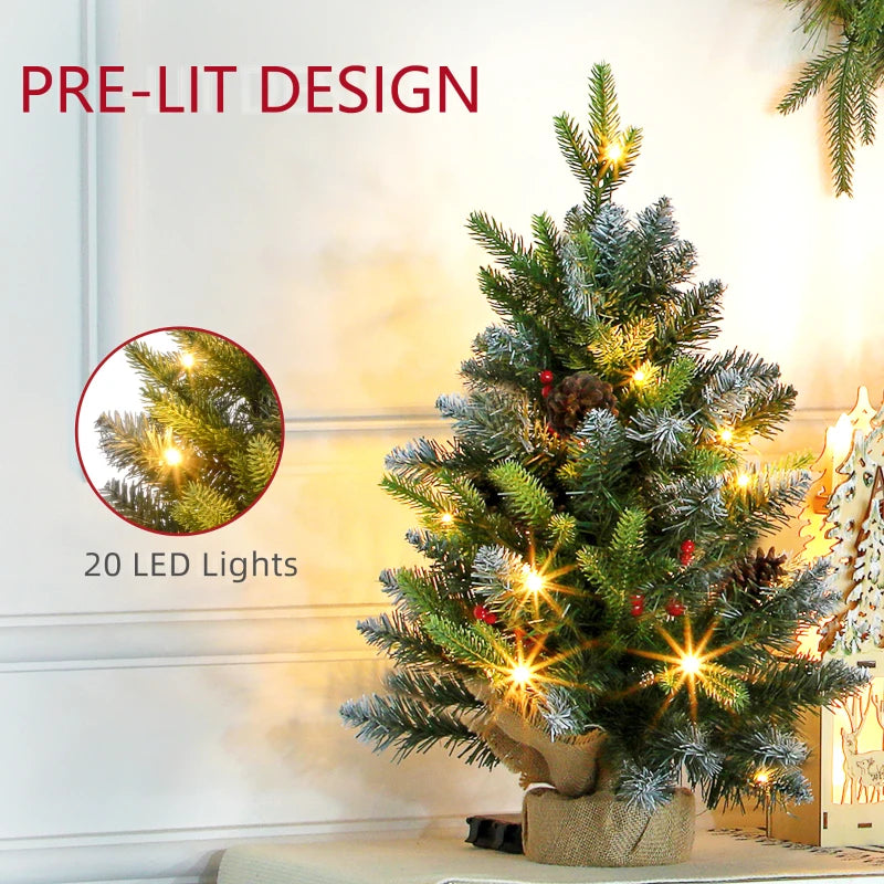 Set of 2 Mini 2ft Christmas Trees with Lights, Berries & Pinecones - Perfect Holiday Decor for Home & Office