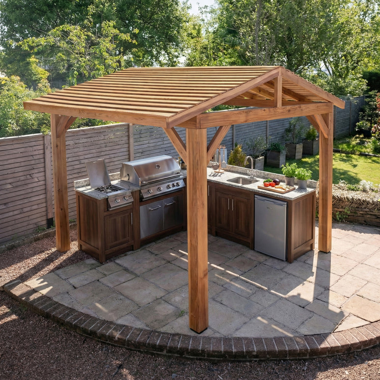 Ruby Planed Cedar Pergola with Cedar Featheredge Roof – No Overhang Design