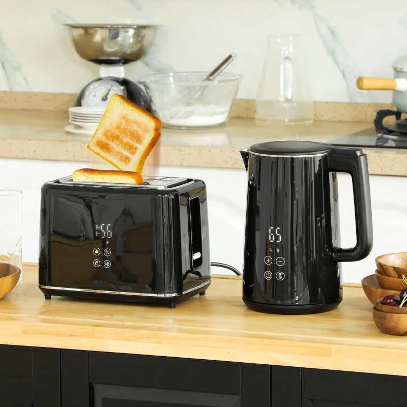Polished Black Stainless Steel Kettle and Toaster Set - Stylish Kitchen Appliances for Modern Homes