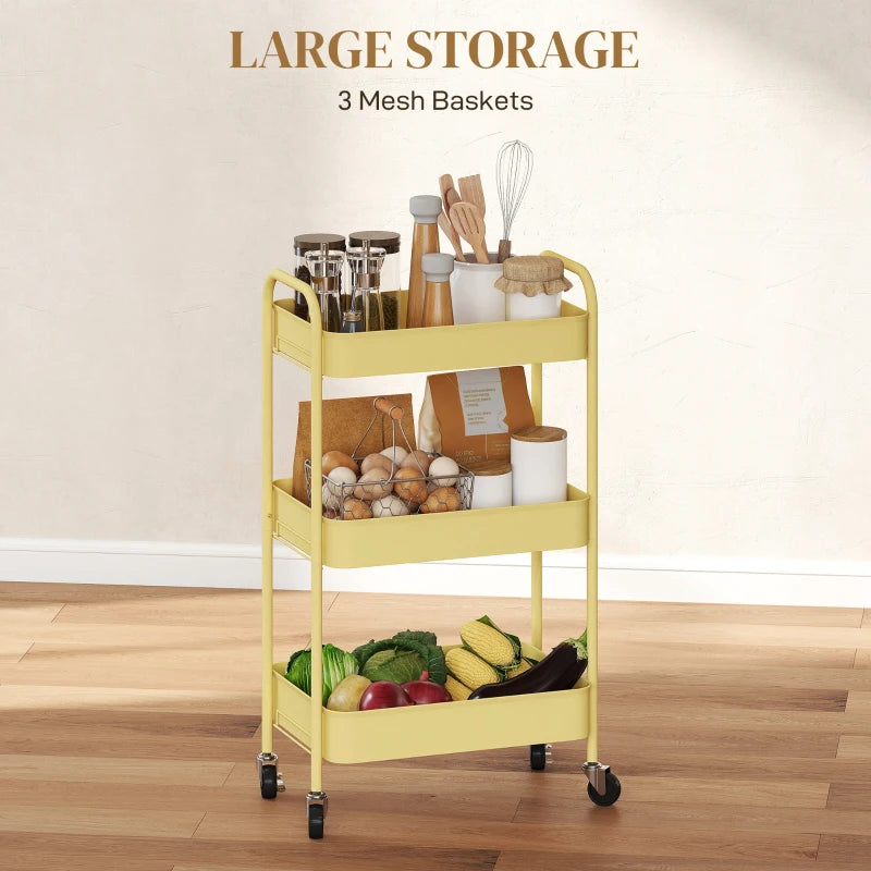 Three-Tier Yellow Steel Storage Trolley - Durable, Versatile Organizer for Home, Office, Kitchen & Garage