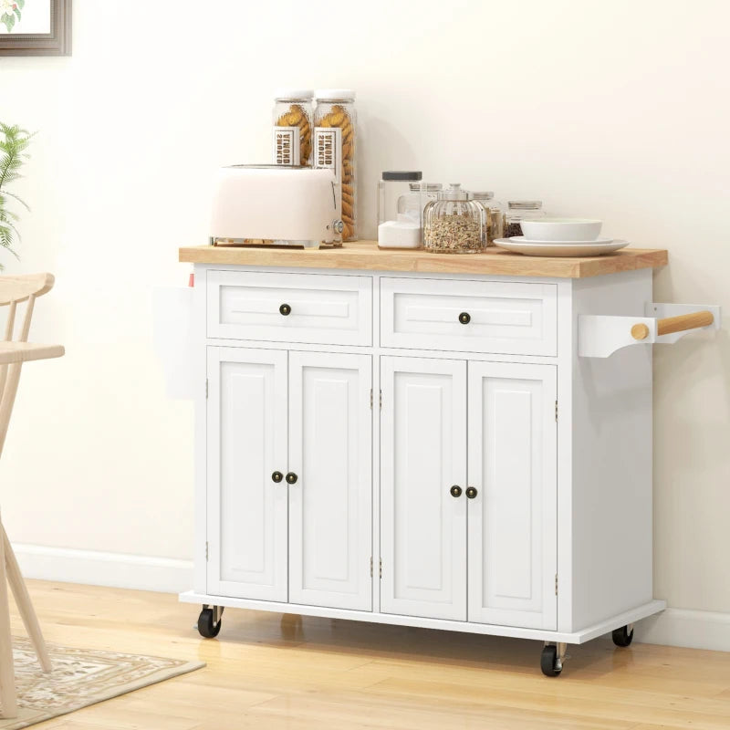 Rolling Kitchen Island Storage Trolley with Rubber Wood Top & Drawers - Cream White Dining Room Cart