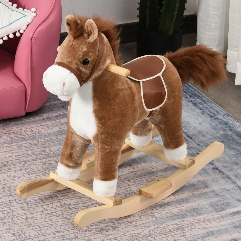 Kids Classic Rocking Horse with Moving Mouth & Neighing Sounds - Brown Plush Toy for Fun Playtime
