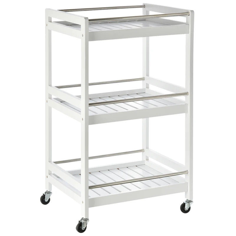 3-Tier Rolling Kitchen Storage Cart with Steel Bars & 4 Wheels - White Home Organizer for Living Room & Kitchen
