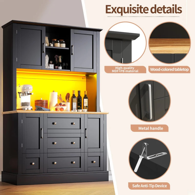 Tall Kitchen Cabinet with Open Shelf & 5 Drawers - Large Storage Cupboard for Dining Room, 115x40x180 cm, Black