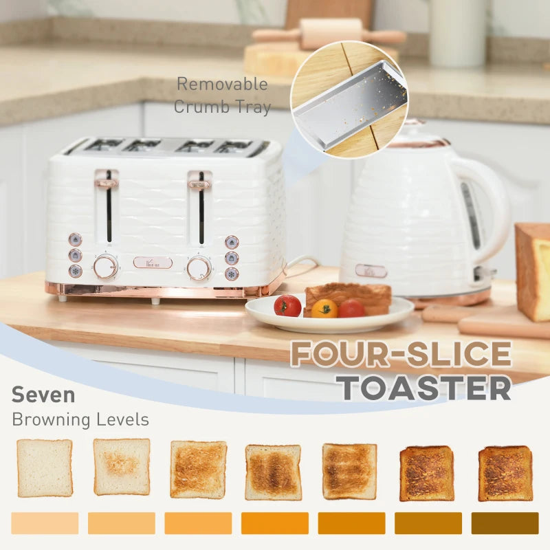 Cream White Kettle and Toaster Set - 3000W Rapid Boil 1.7L Kettle & 4 Slice Toaster with 7 Browning Controls