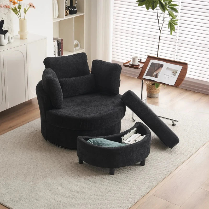 360° Swivel Bedroom Chair with Cushions and Ottoman Stool, Stylish Armchair for Living Room, Black, 107L x 105W x 82H cm