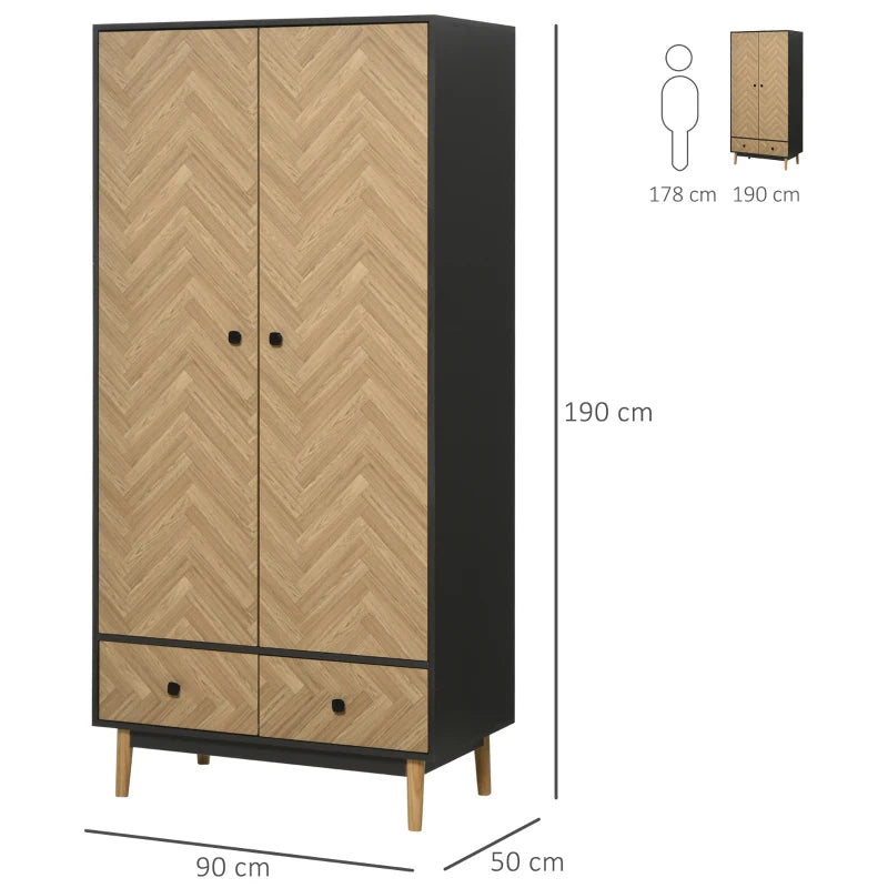 Stylish Modern Wardrobe Cabinet with Wood Grain Finish Shelf Hanging Rod and Drawers 90x50x190cm
