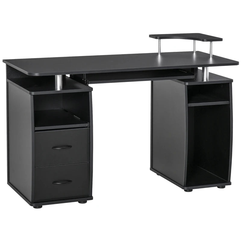 Modern Black Computer Desk with Keyboard Tray, CPU Shelf, Drawers & Sliding Scanner Shelf - Ideal Office Workstation