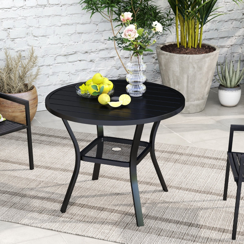 90 cm Round Black Garden Dining Table with 4-5 cm Parasol Hole, Steel Slatted Top and Wire Shelf for Outdoor Balcony and Porch