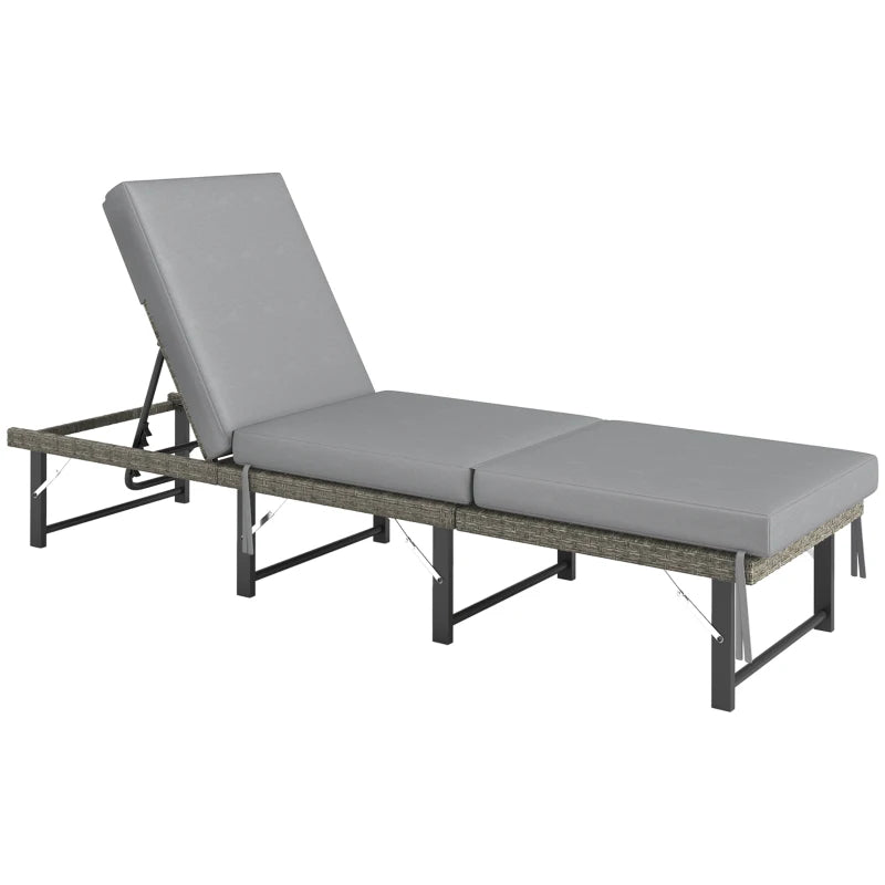 Grey Single Folding Rattan Sun Lounger with Cushion - Outdoor Relaxation Chair