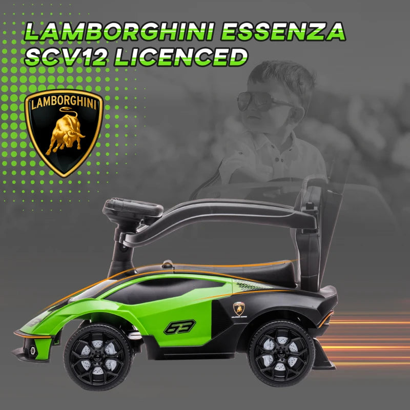 Kids 2-in-1 Lamborghini Ride-On Stroller with Horn - Green, Fun and Safe Outdoor Toy for Toddlers