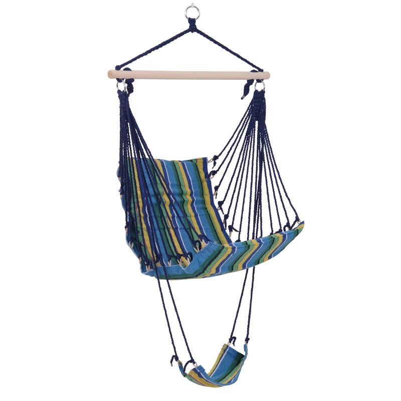 Blue Striped Outdoor Hanging Hammock Swing Chair with Footrest