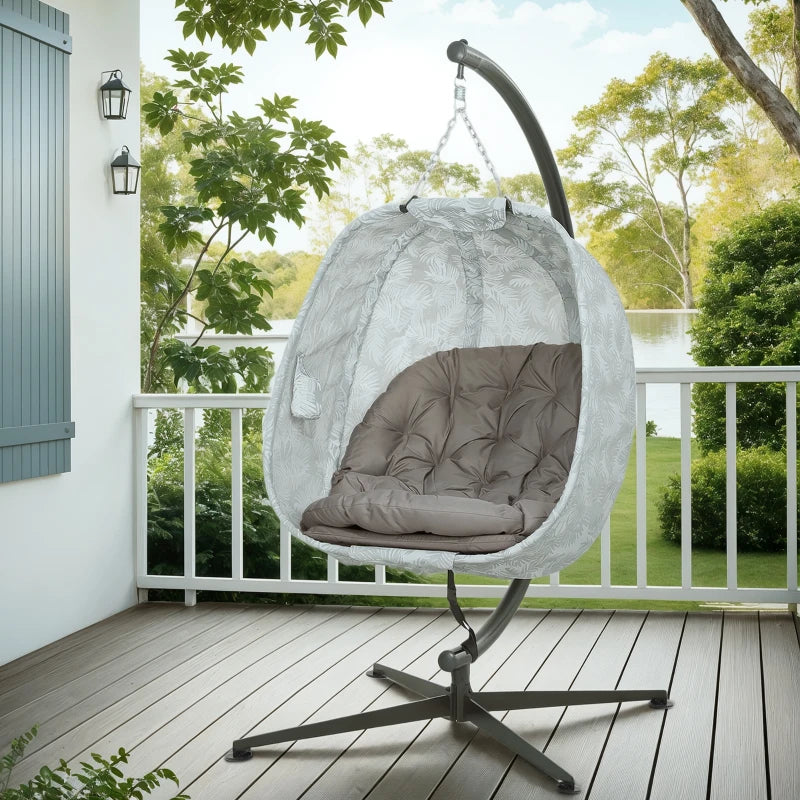 Hanging Egg Chair - Outdoor Indoor Garden Swing Chair with Folding Basket, Thickened Cushion, Cup Holder - Sand Brown