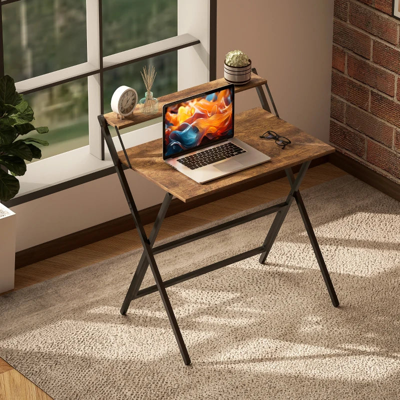 81.5 cm Rustic Brown Folding Computer Desk with Monitor Shelf - Space-Saving Home Office Furniture