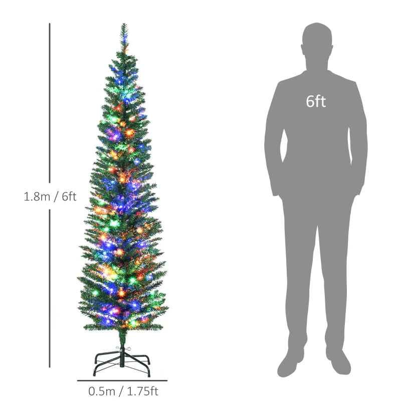 6' Artificial Prelit Christmas Tree with Colorful LED Lights - Pencil Shape Holiday Decor & Durable Steel Base