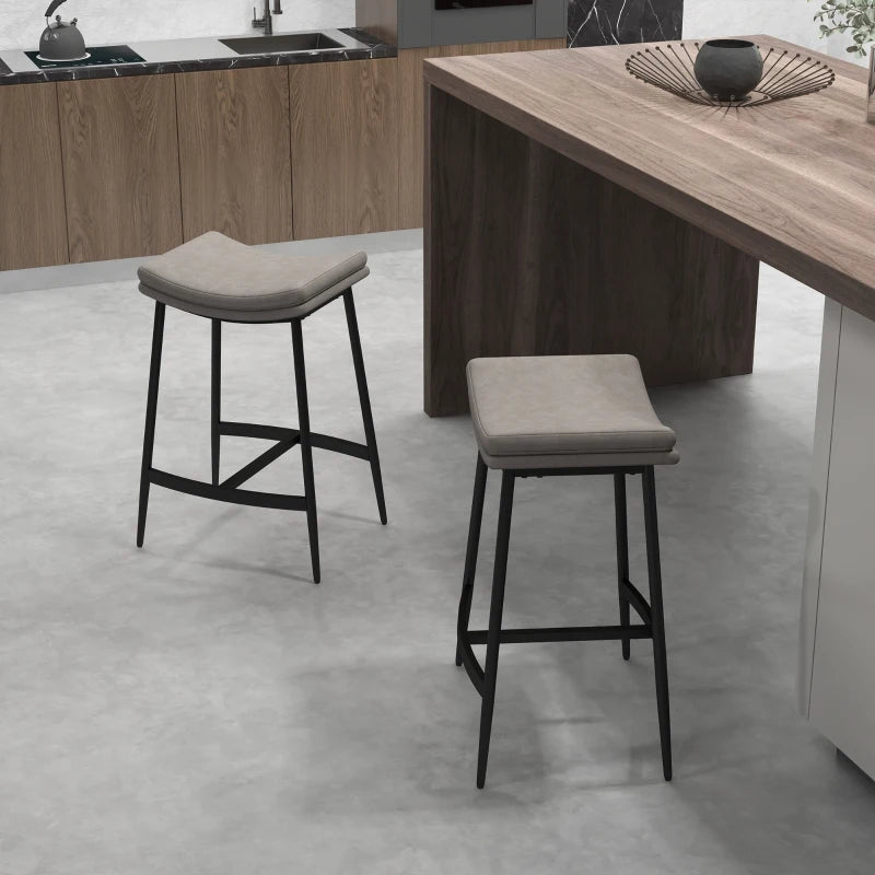 Set of 2 Grey Microfibre Upholstered Bar Stools - Industrial Curved Seat Design with Steel Frame for Kitchen & Dining Room