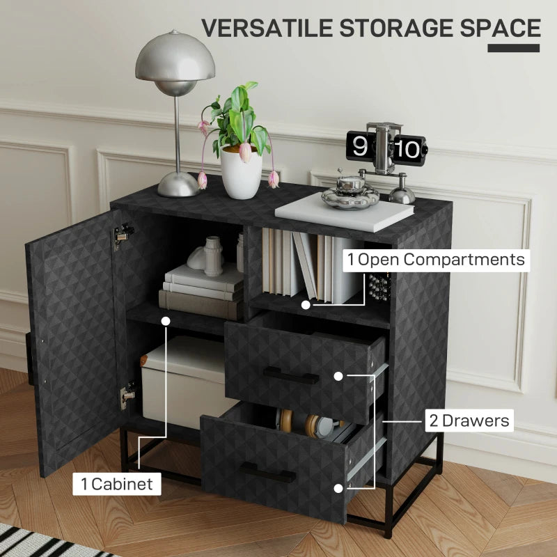 Modern Black Sideboard Storage Cabinet with Adjustable Shelf, Open Compartment & 2 Drawers - Stylish Freestanding Furniture