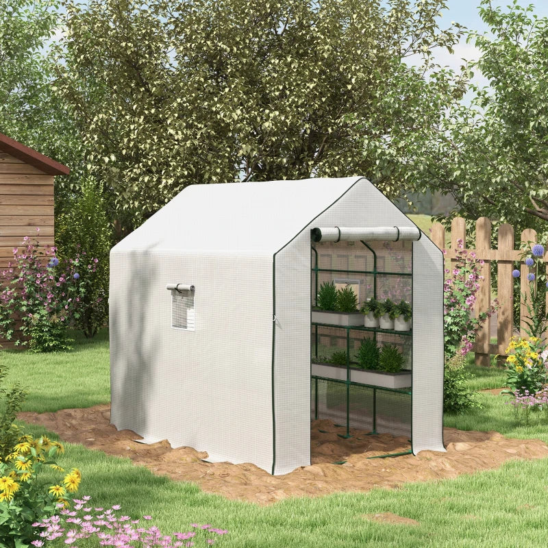 White 3-Tier Walk-in Greenhouse with PE Cover, Roll-up Door, and Mesh Windows