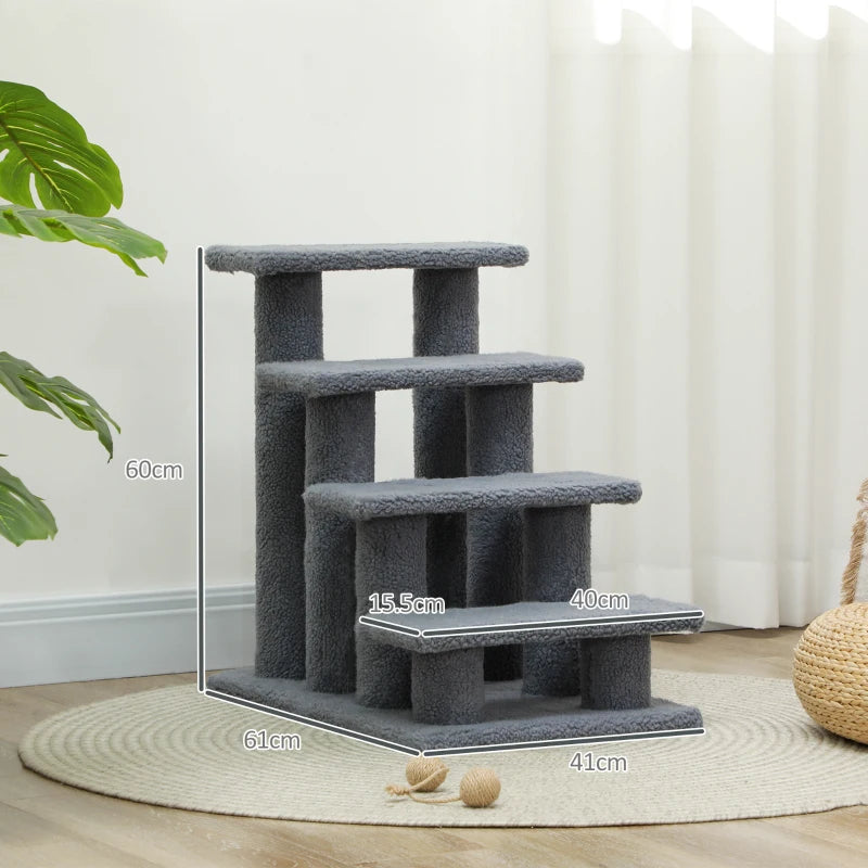 4-Step Dog Stairs for Bed & Sofa - Pet Climb Ladder, Grey, 63x43x60 cm - Ideal for Dogs & Cats
