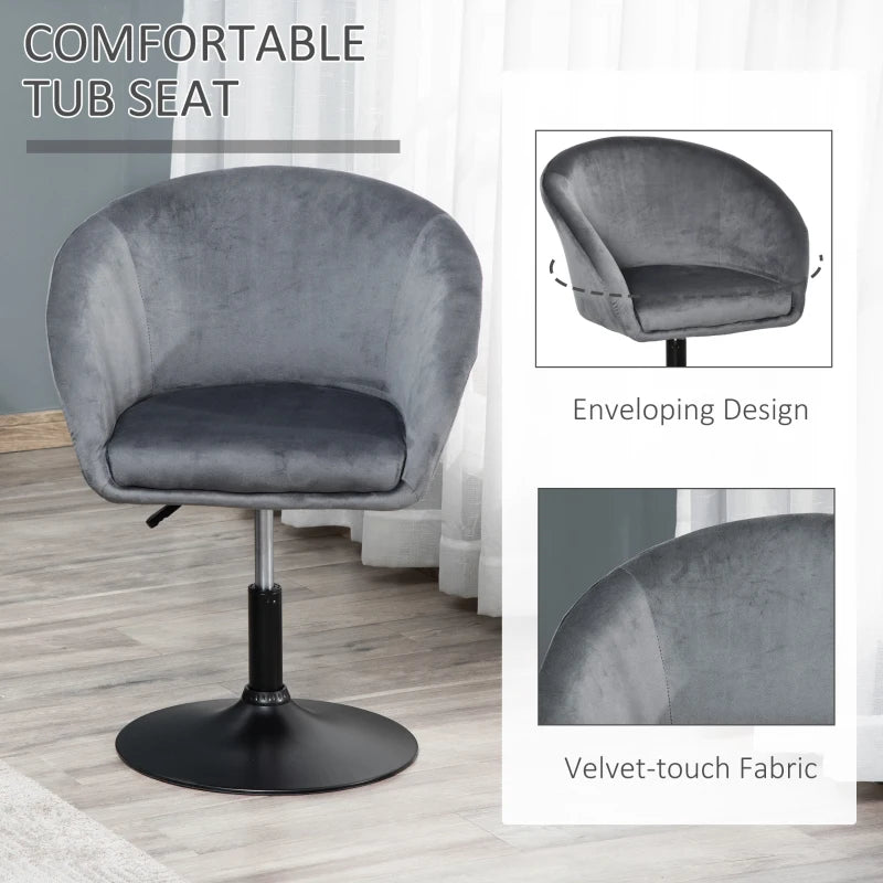 360° Swivel Velvet Upholstered Dressing Table Chair - Adjustable Height Tub Seat for Bedroom Makeup - Grey