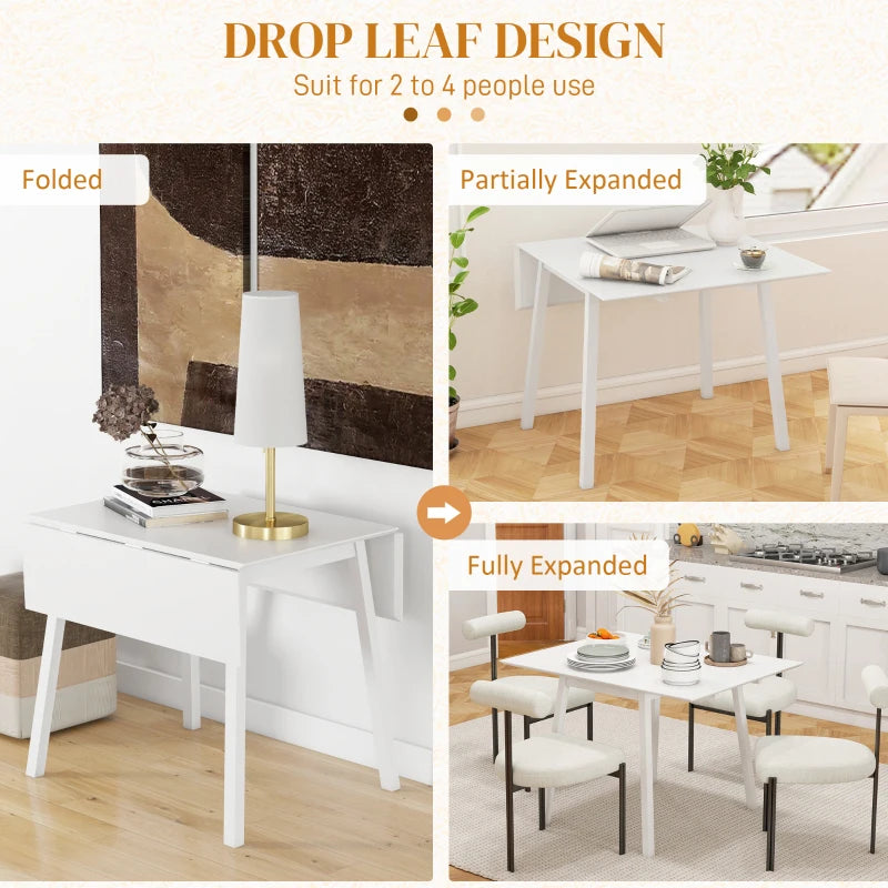 Solid Wood Folding Dining Table - Drop Leaf Rectangle Table for 2-4 People, Space-Saving Kitchen Table in White
