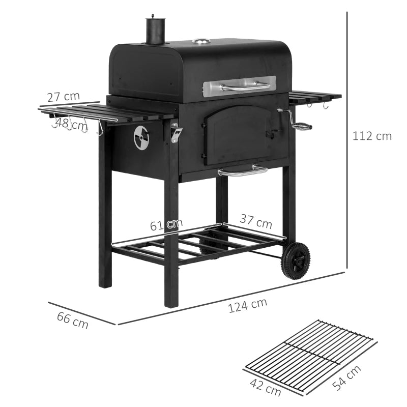 Charcoal BBQ Grill Smoker with Shelves, Thermometer, Opener & Wheels - Black