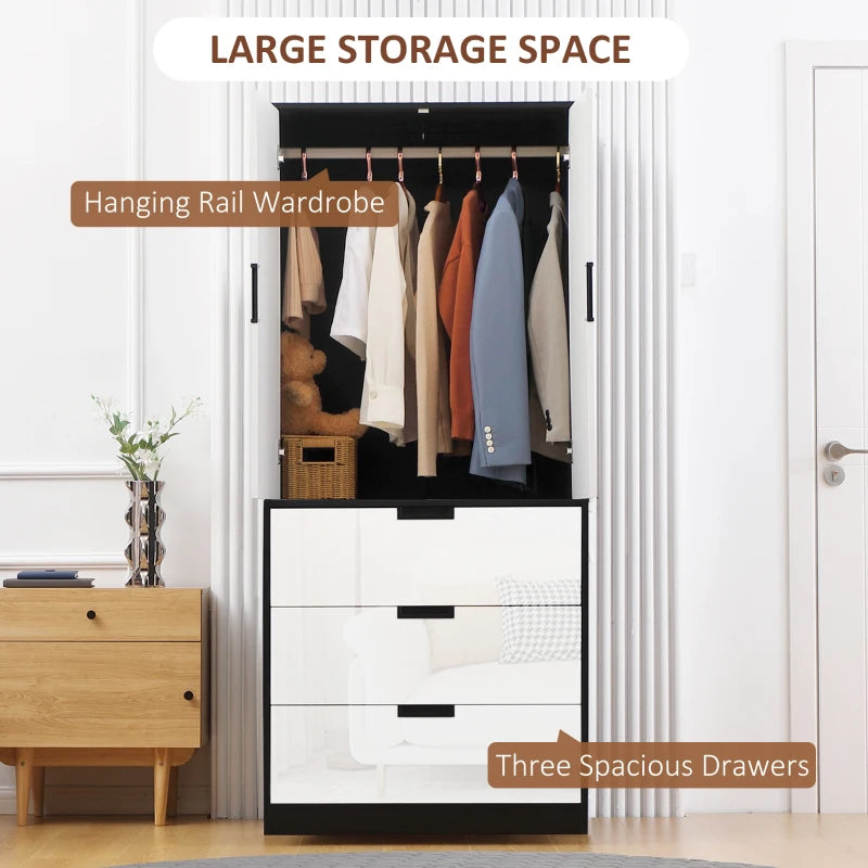 Modern 2 Door Wardrobe with 3 Drawers and Hanging Rod for Stylish Bedroom Storage